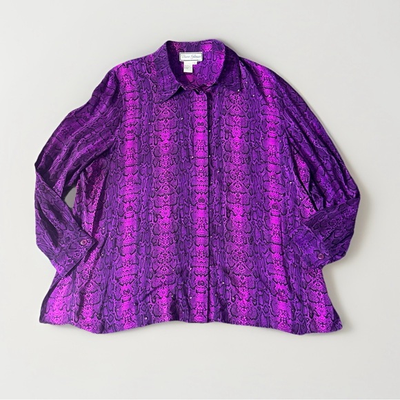 Diane Gillman Silk Pink Fusia Animal Print Embellished Button Up Top Size 2X - Picture 2 of 8